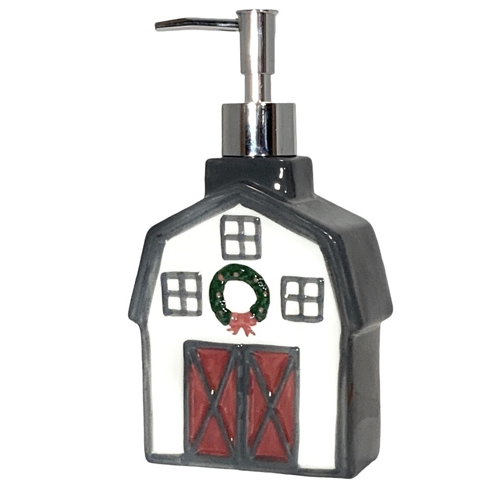 Christmas Soap Lotion Dispenser Barn Wreath Ceramic Hand Painted Grey Red White